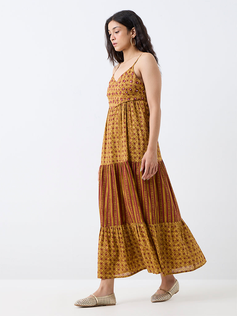 Bombay Paisley Mustard Floral Printed Cotton Tiered Dress