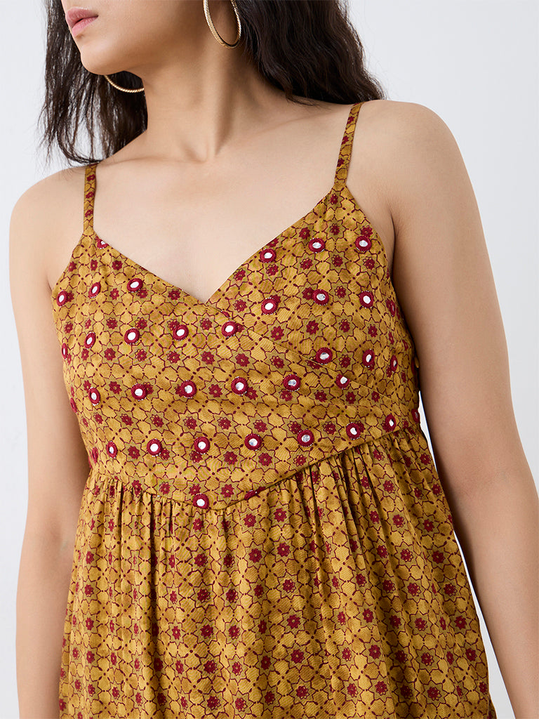 Bombay Paisley Mustard Floral Printed Cotton Tiered Dress