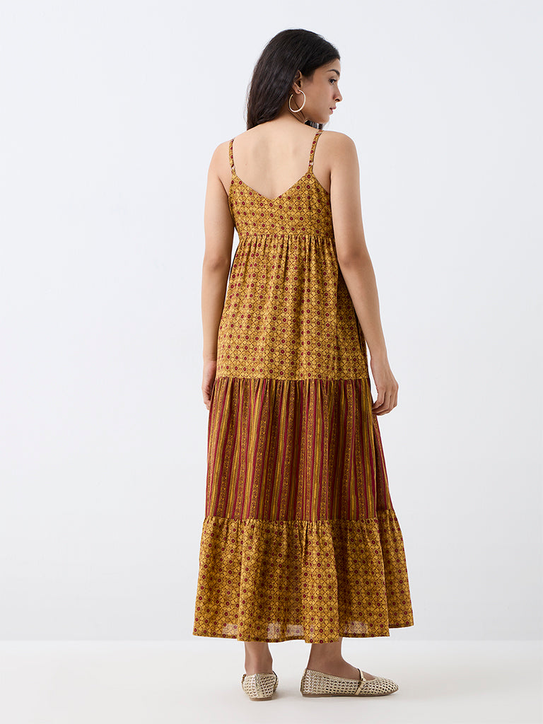 Bombay Paisley Mustard Floral Printed Cotton Tiered Dress