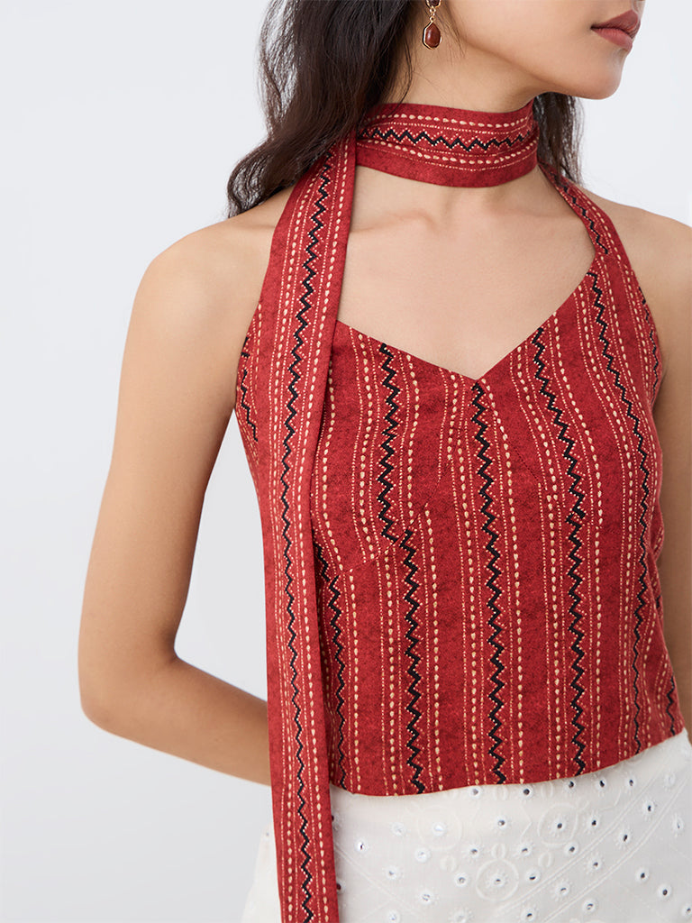 Bombay Paisley Red Printed Scarf Detail Top