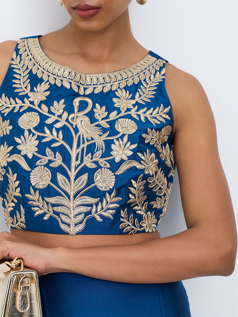 Vark Indigo Botanical Embroidered Crop Top