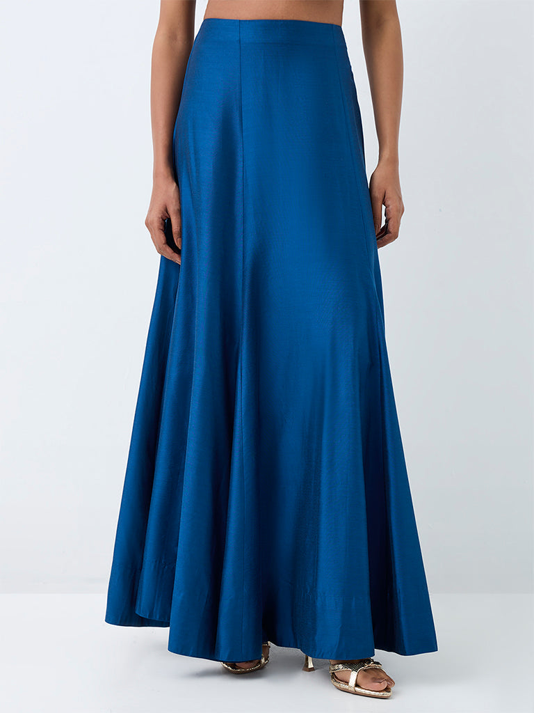Vark Indigo Solid Flared Maxi Skirt