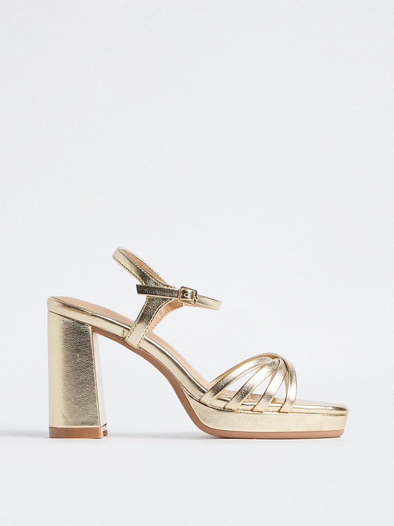 LUNA BLU Light Gold Multi-Strap Block Heel Sandals