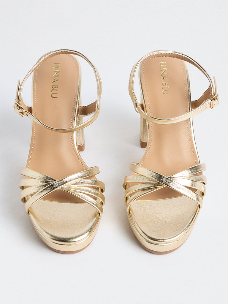 LUNA BLU Light Gold Multi-Strap Block Heel Sandals
