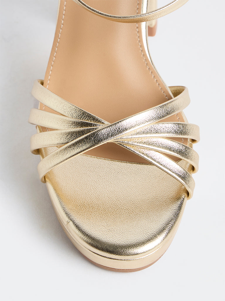 LUNA BLU Light Gold Multi-Strap Block Heel Sandals