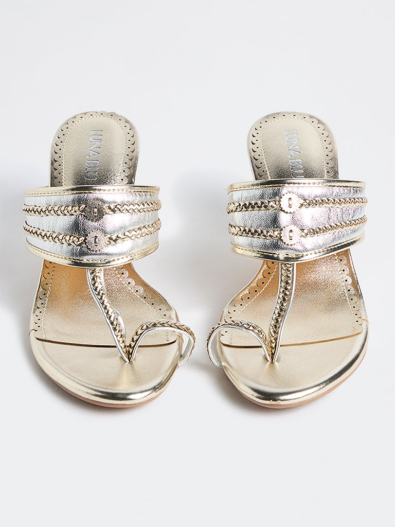 LUNA BLU Light Gold Kolhapuri Block Heel Sandals
