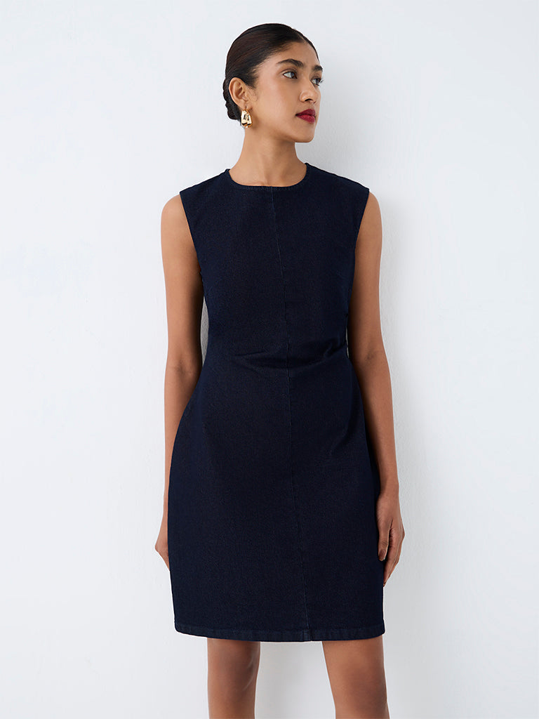 Wardrobe Navy Solid Sheath Cotton-Blend Dress