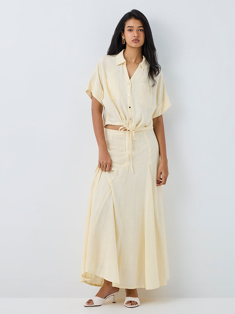 LOV Light Yellow Drawstring-Detail Linen-Blend Blouse
