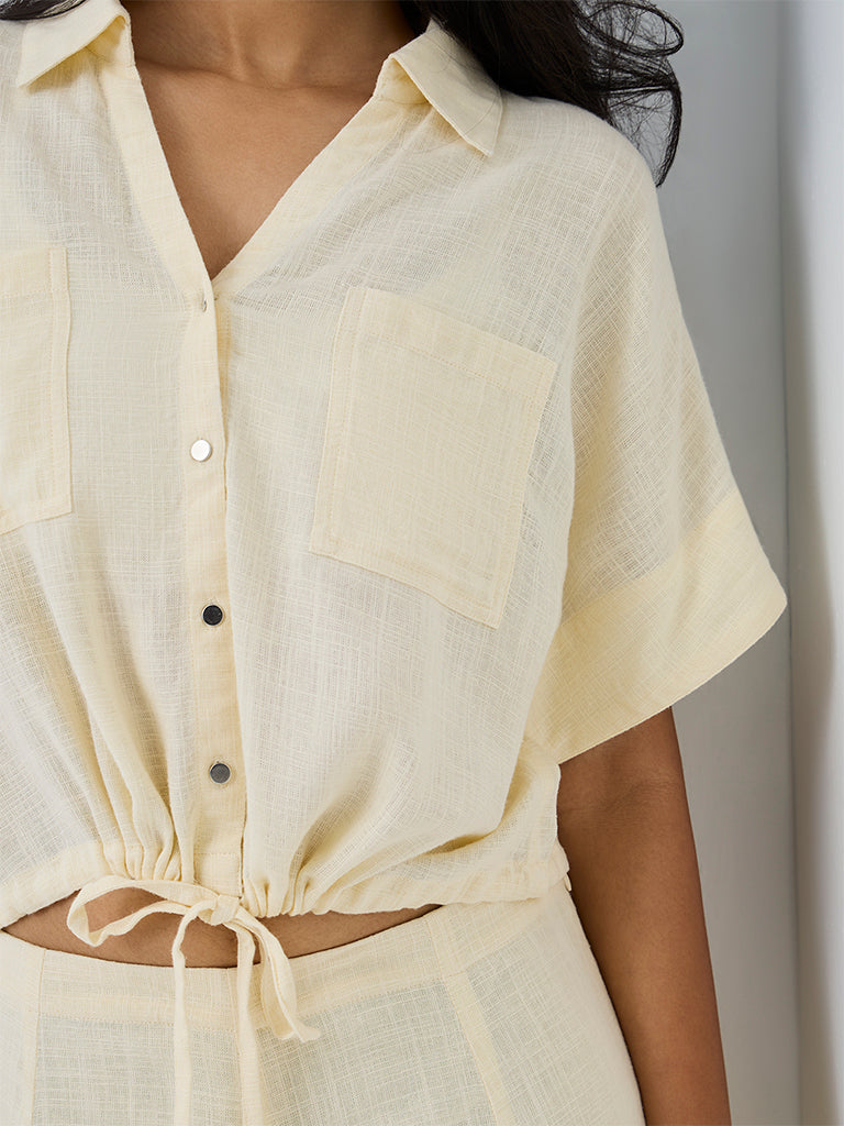LOV Light Yellow Drawstring-Detail Linen-Blend Blouse