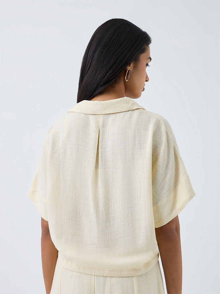 LOV Light Yellow Drawstring-Detail Linen-Blend Blouse