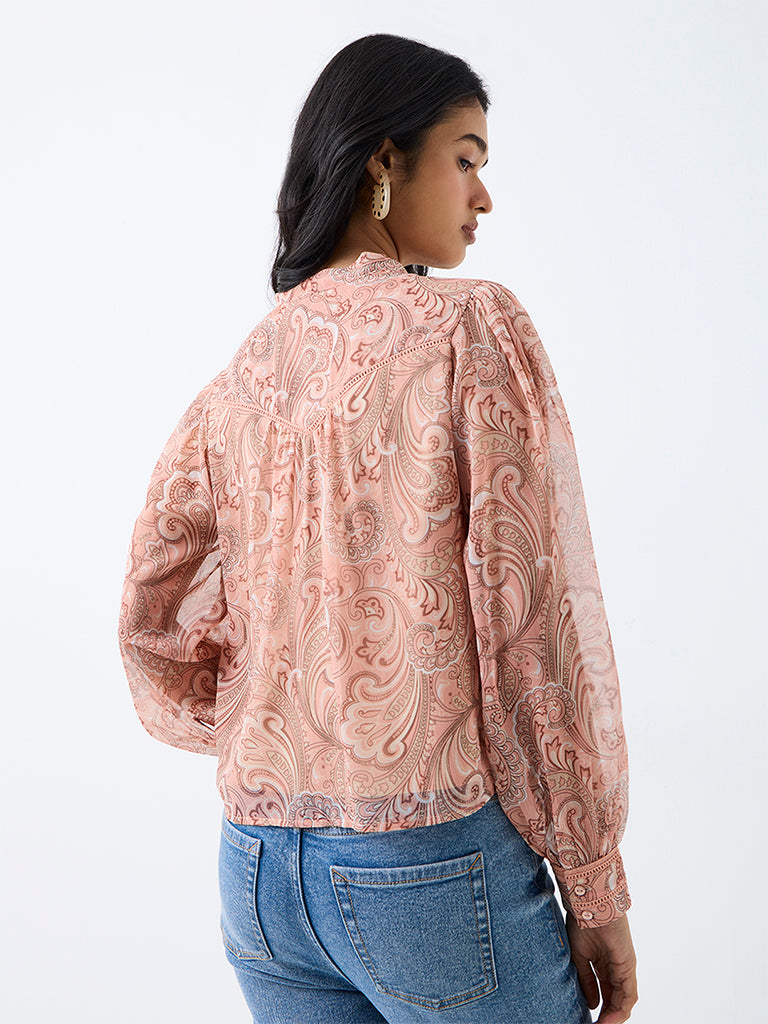 LOV Peach Paisley Printed Tie-Up Detail Blouse