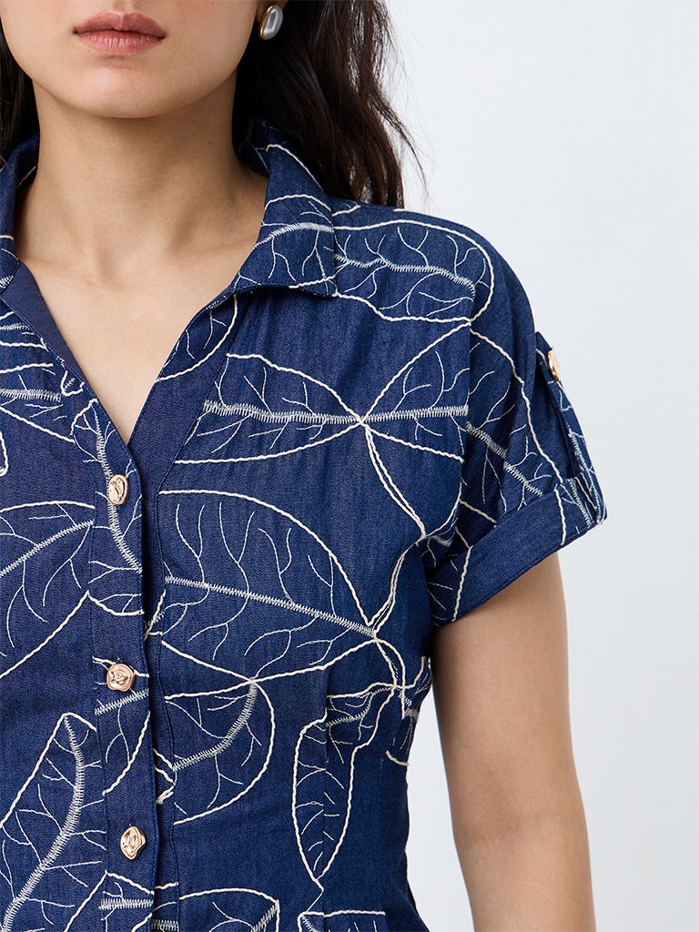 LOV Dark Blue Botanical Embroidered Cotton Shirt