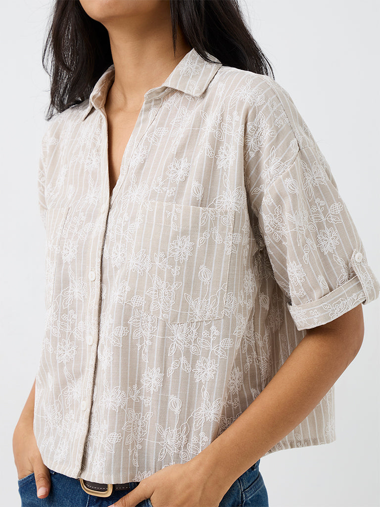 LOV Light Taupe Floral Embroidered Cotton-Blend Shirt