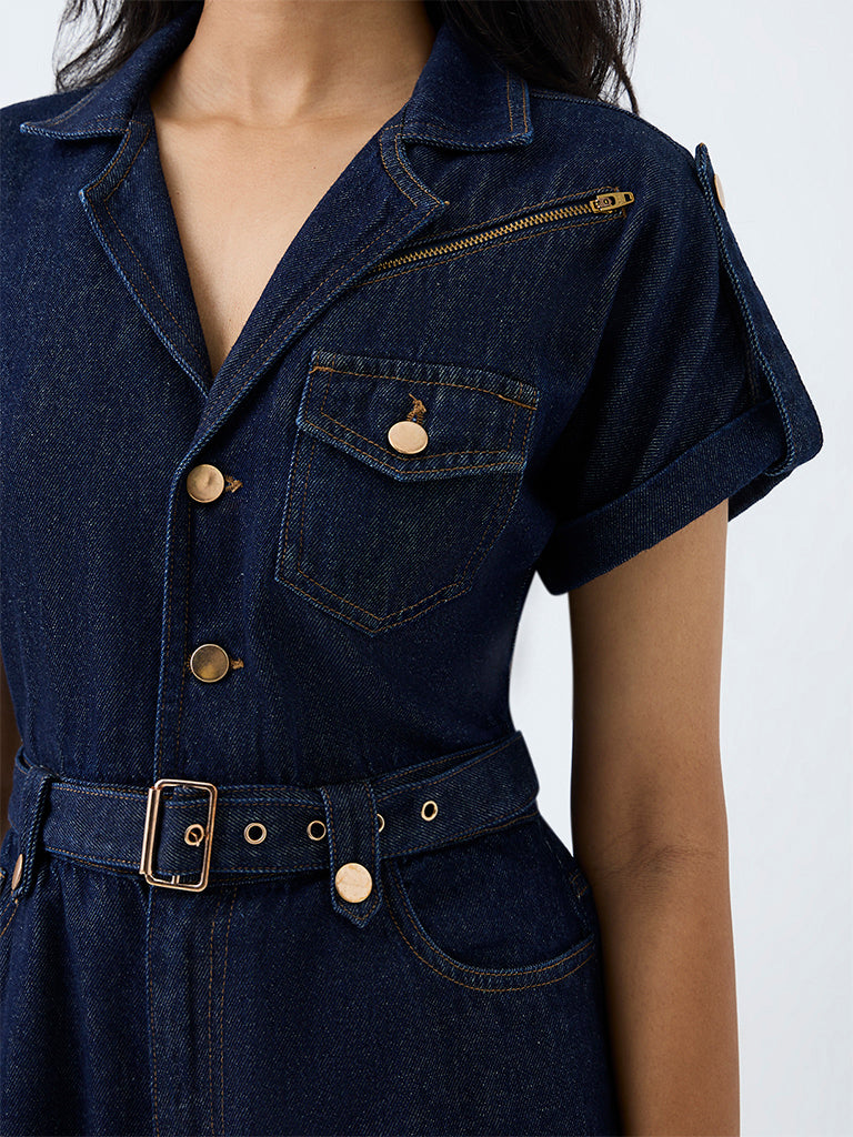 LOV Dark Blue Denim Jumpsuit with Belt