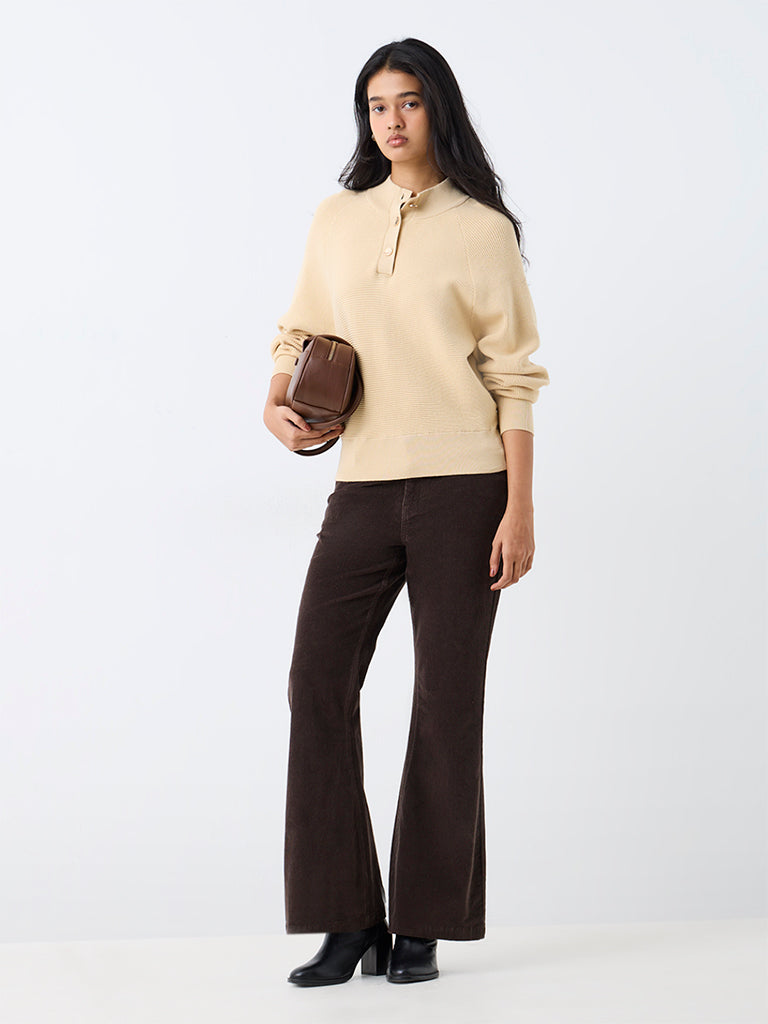 LOV Dark Brown Bootcut High-Rise Corduroy Cotton-Blend Trousers
