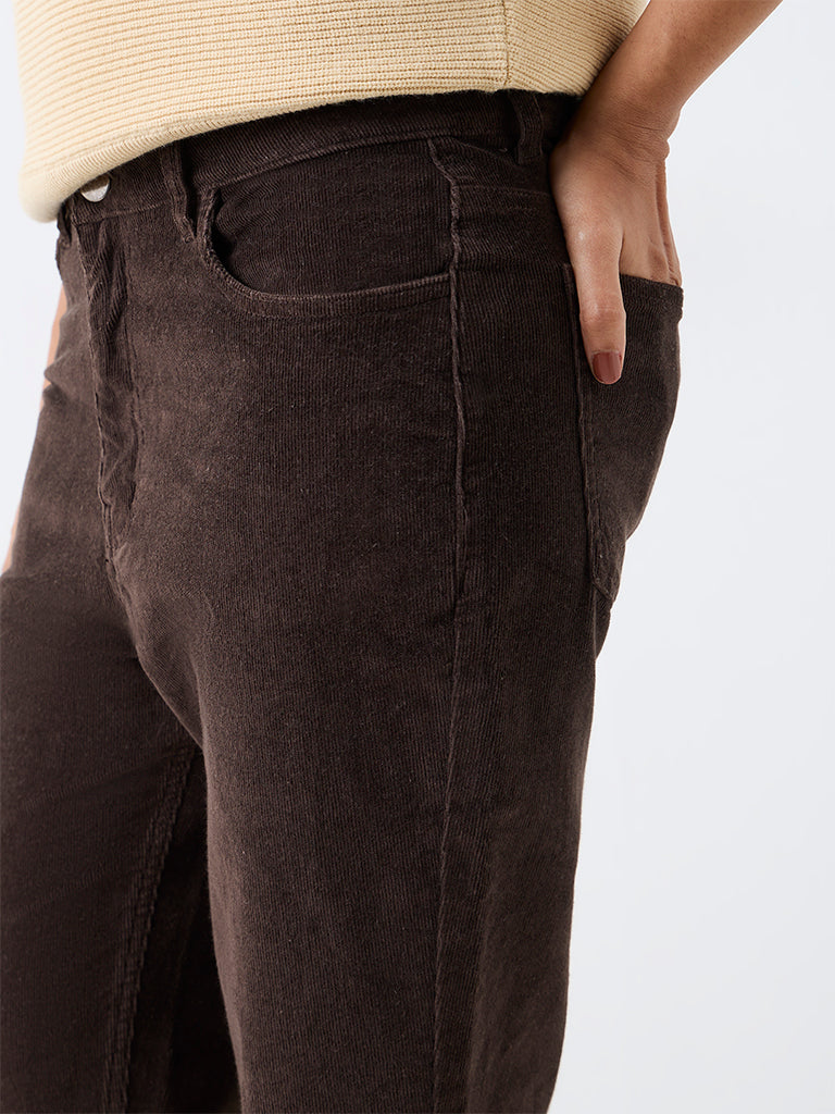 LOV Dark Brown Bootcut High-Rise Corduroy Cotton-Blend Trousers