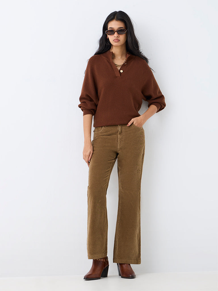 LOV Khaki Bootcut High-Rise Corduroy Cotton-Blend Trousers