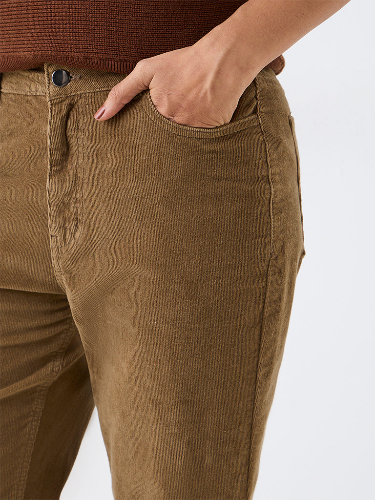 LOV Khaki Bootcut High-Rise Corduroy Cotton-Blend Trousers