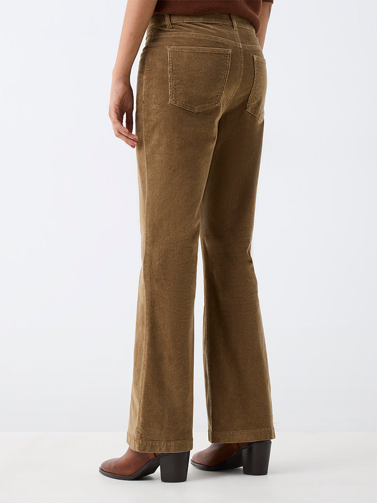 LOV Khaki Bootcut High-Rise Corduroy Cotton-Blend Trousers