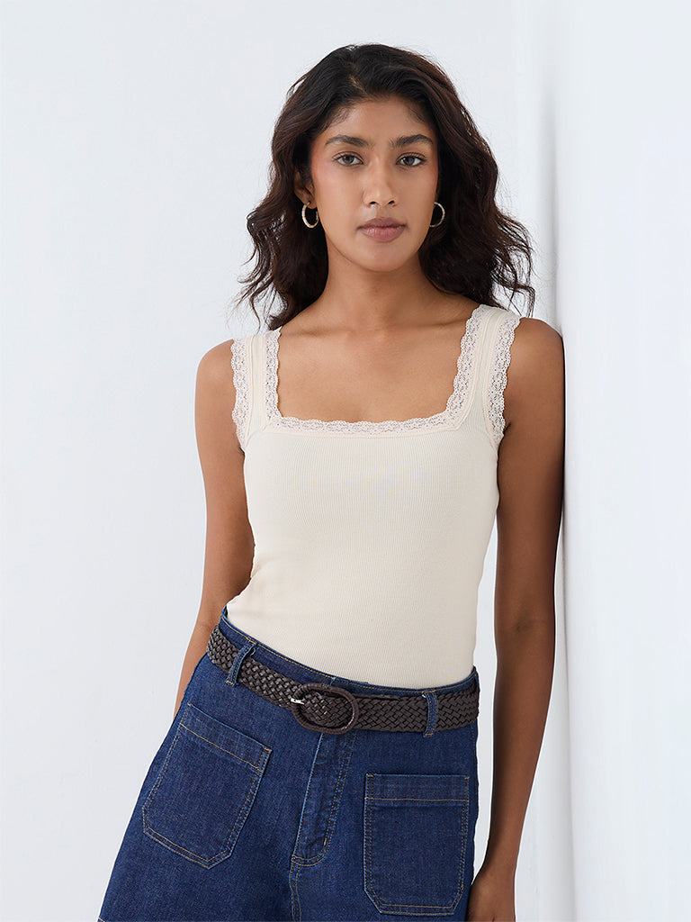 LOV Off-White Ribbed Lace-Detailed Cotton Top