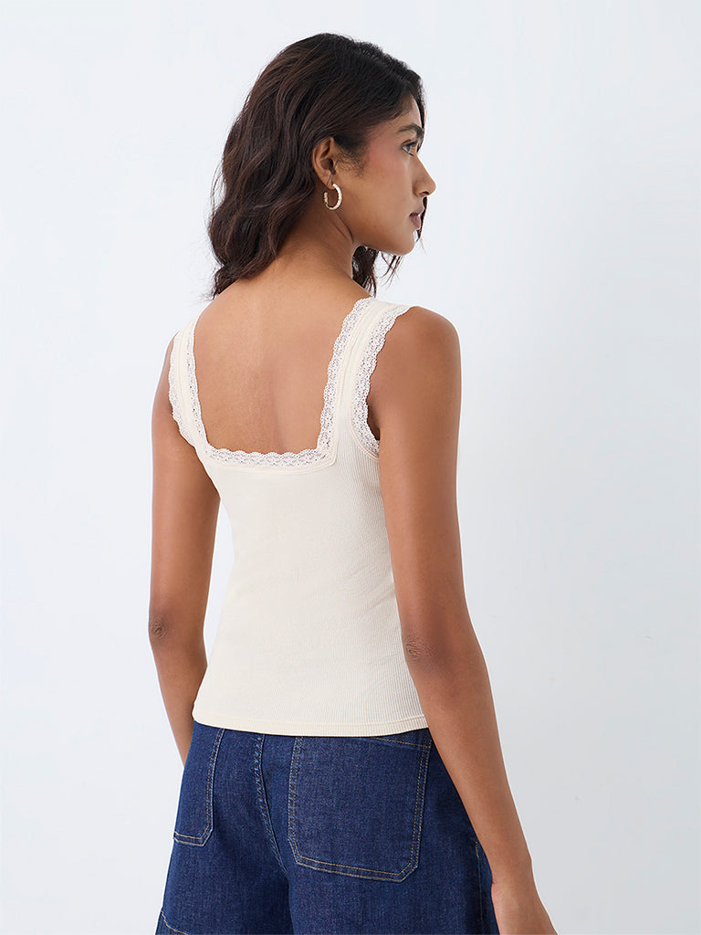 LOV Off-White Ribbed Lace-Detailed Cotton Top