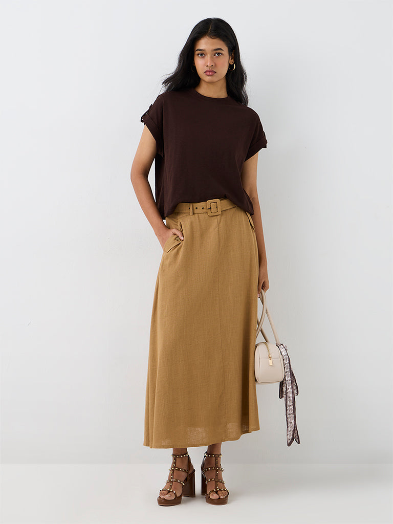LOV Dark Brown Solid Cotton T-Shirt