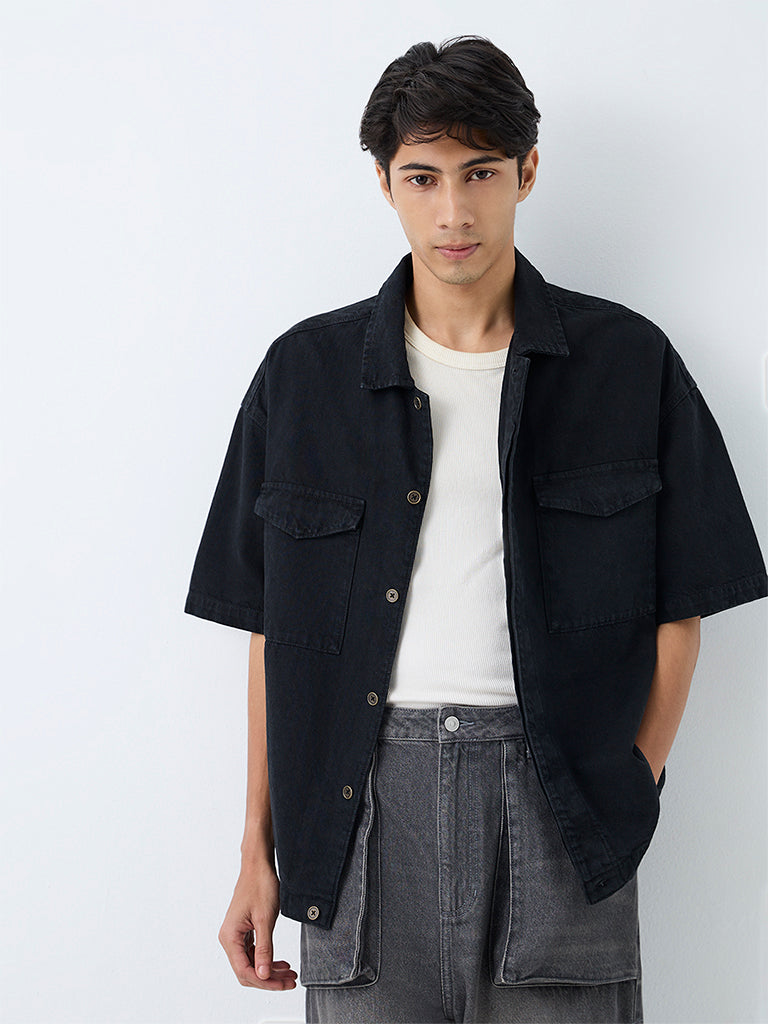 Nuon Black Boxy-Fit Denim Shirt
