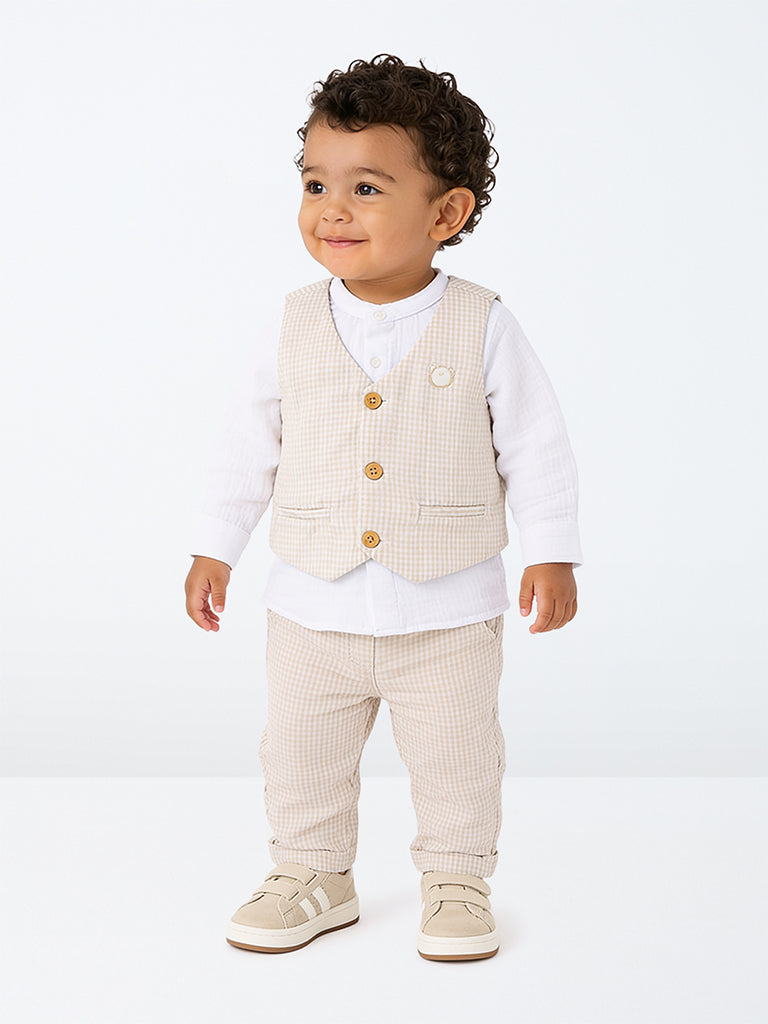 HOP Baby Boys Beige Checkered Cotton Waistcoat, Shirt and Trouser Set