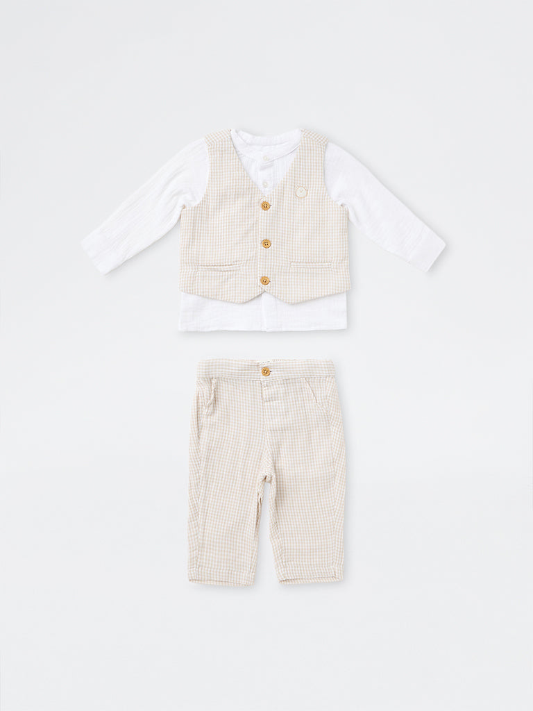 HOP Baby Boys Beige Checkered Cotton Waistcoat, Shirt and Trouser Set