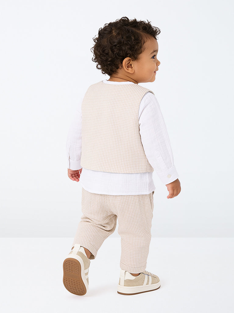 HOP Baby Boys Beige Checkered Cotton Waistcoat, Shirt and Trouser Set