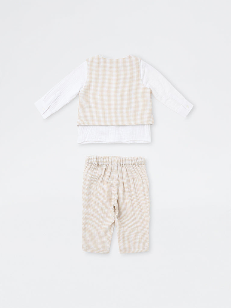 HOP Baby Boys Beige Checkered Cotton Waistcoat, Shirt and Trouser Set