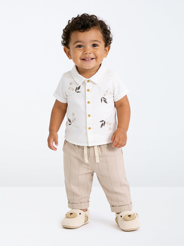 HOP Baby Boys White Embroidered Cotton Shirt and Trousers Set