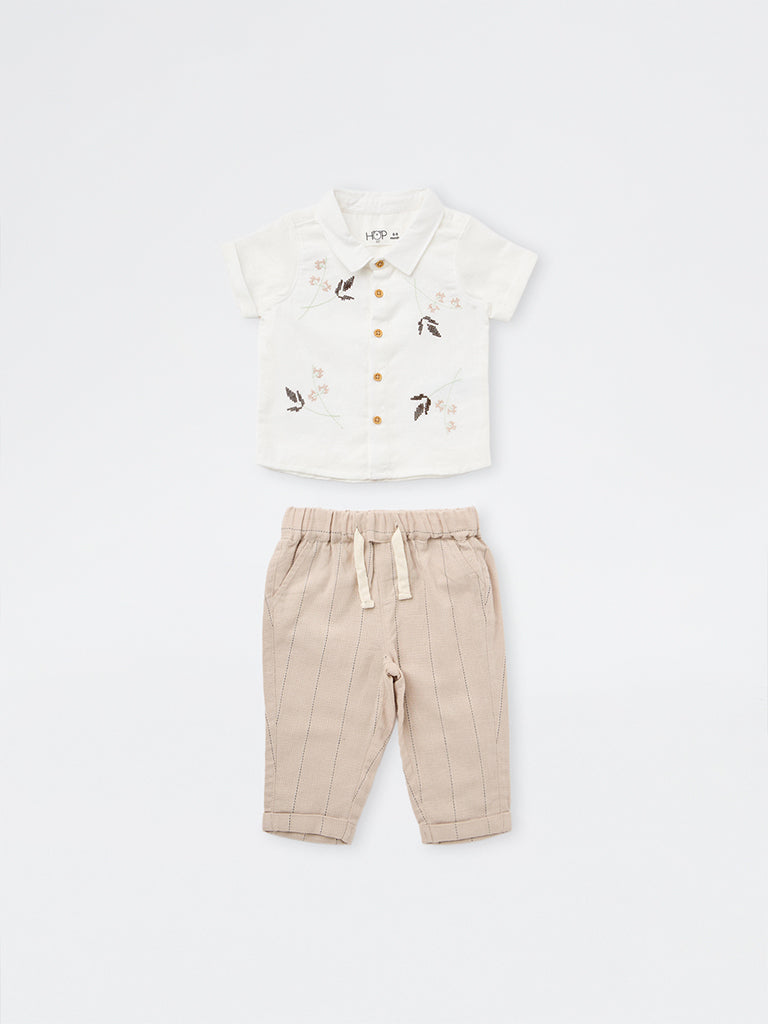 HOP Baby Boys White Embroidered Cotton Shirt and Trousers Set
