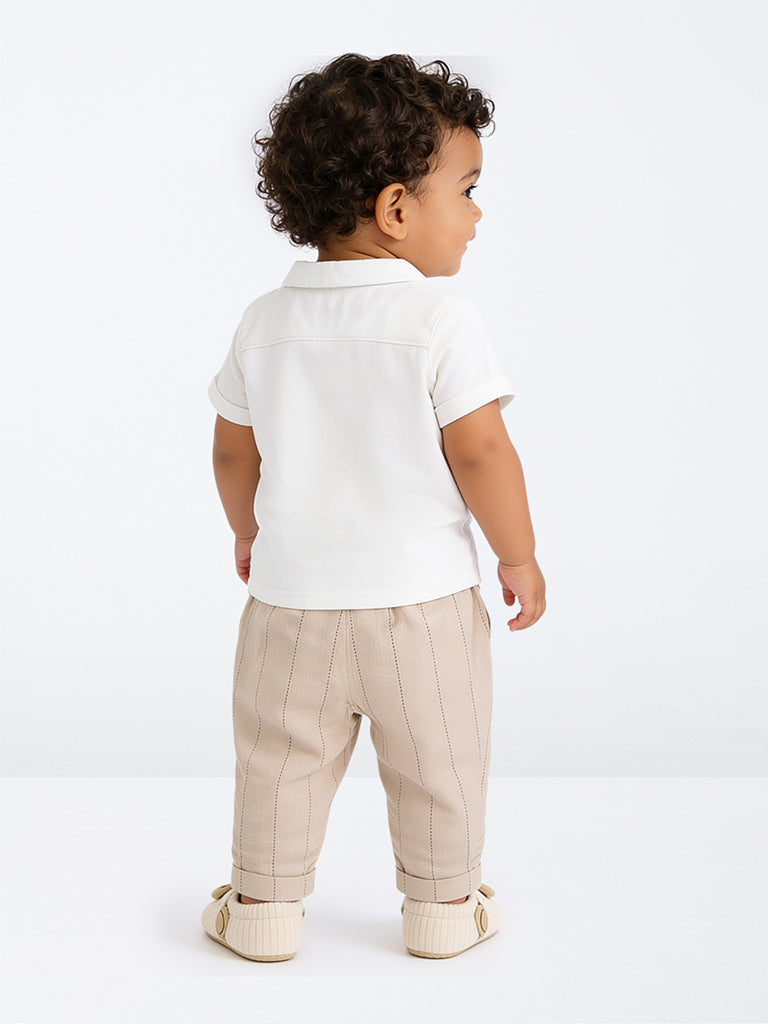HOP Baby Boys White Embroidered Cotton Shirt and Trousers Set