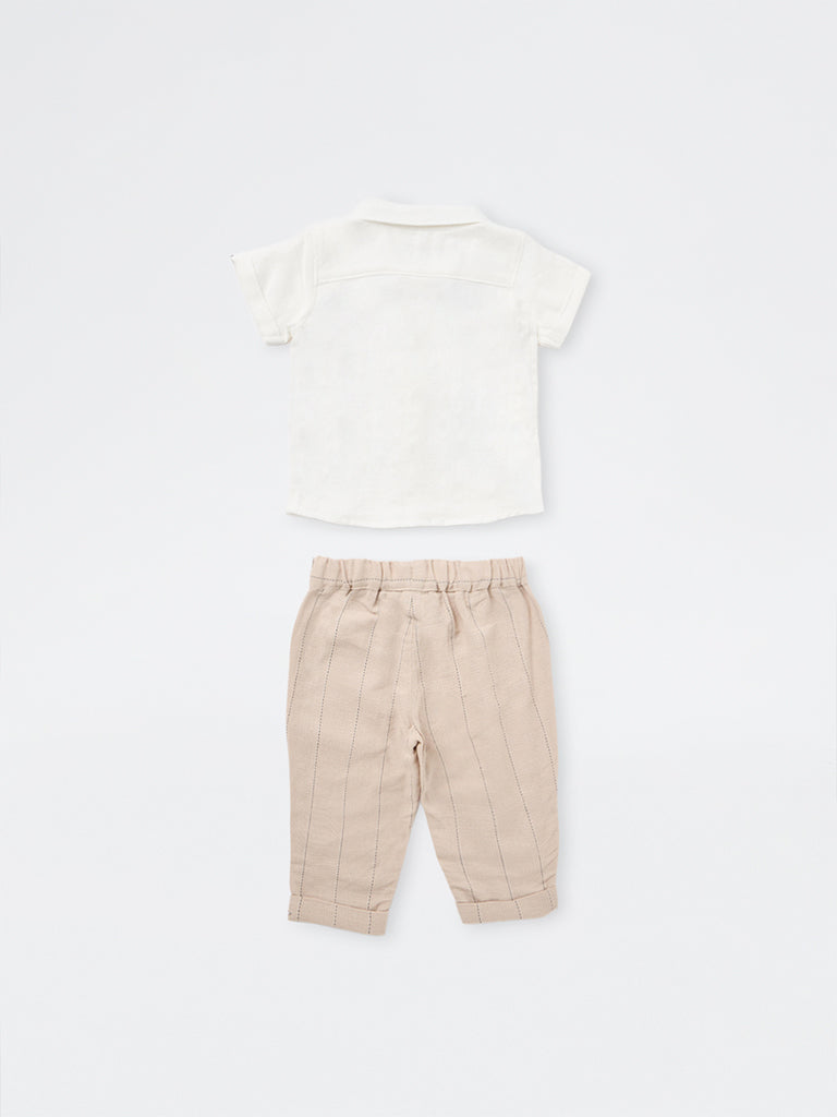 HOP Baby Boys White Embroidered Cotton Shirt and Trousers Set
