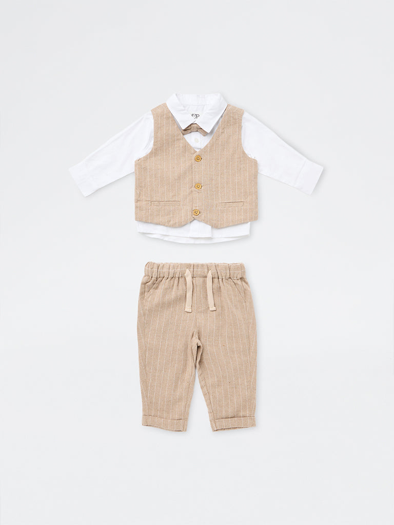 HOP Baby Boys Beige Pinstriped Cotton Waistcoat, Shirt, Trousers, and Bow Set