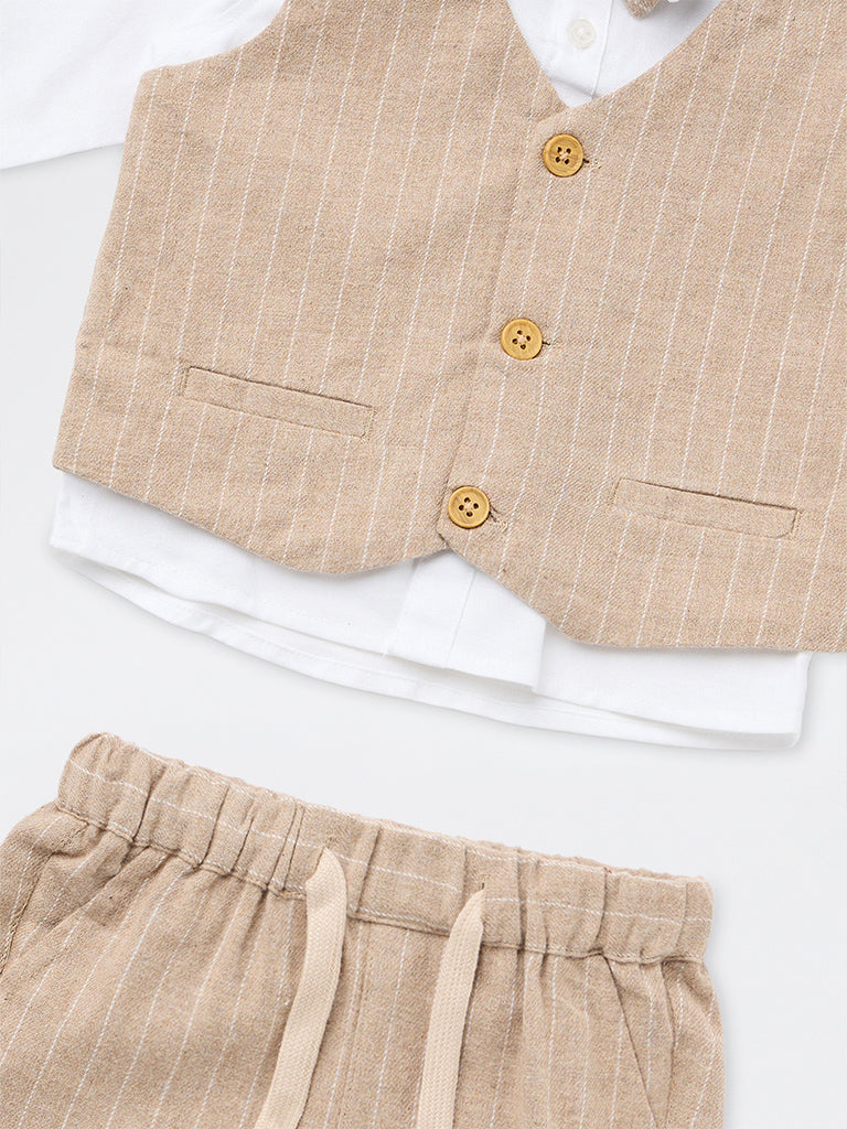 HOP Baby Boys Beige Pinstriped Cotton Waistcoat, Shirt, Trousers, and Bow Set