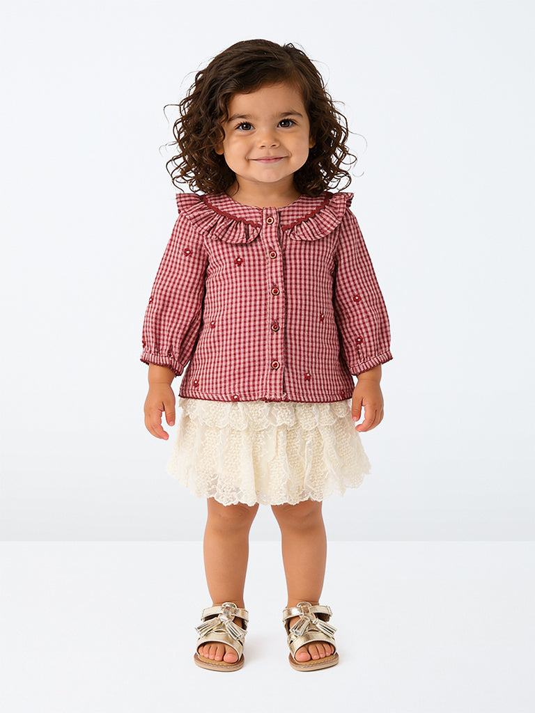 HOP Baby Girls Red Checks Pattern Cotton Top and Skirt Set