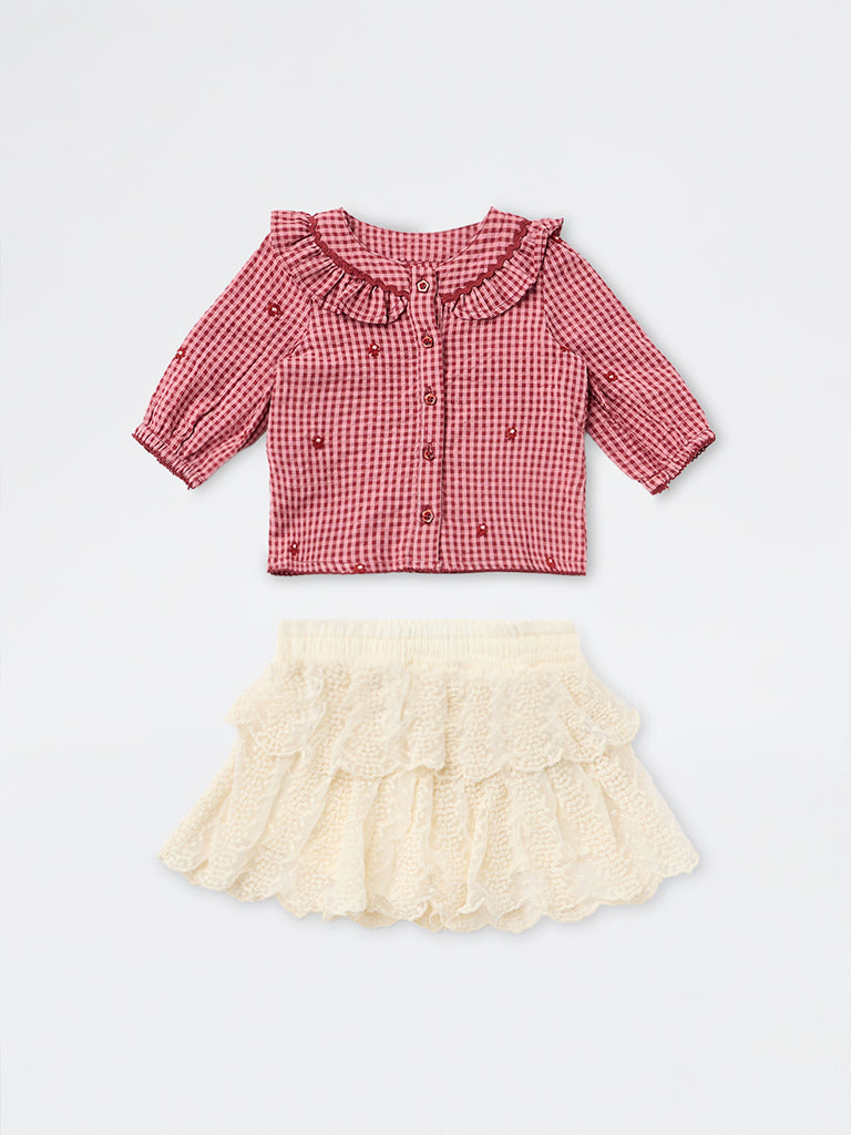 HOP Baby Girls Red Checks Pattern Cotton Top and Skirt Set