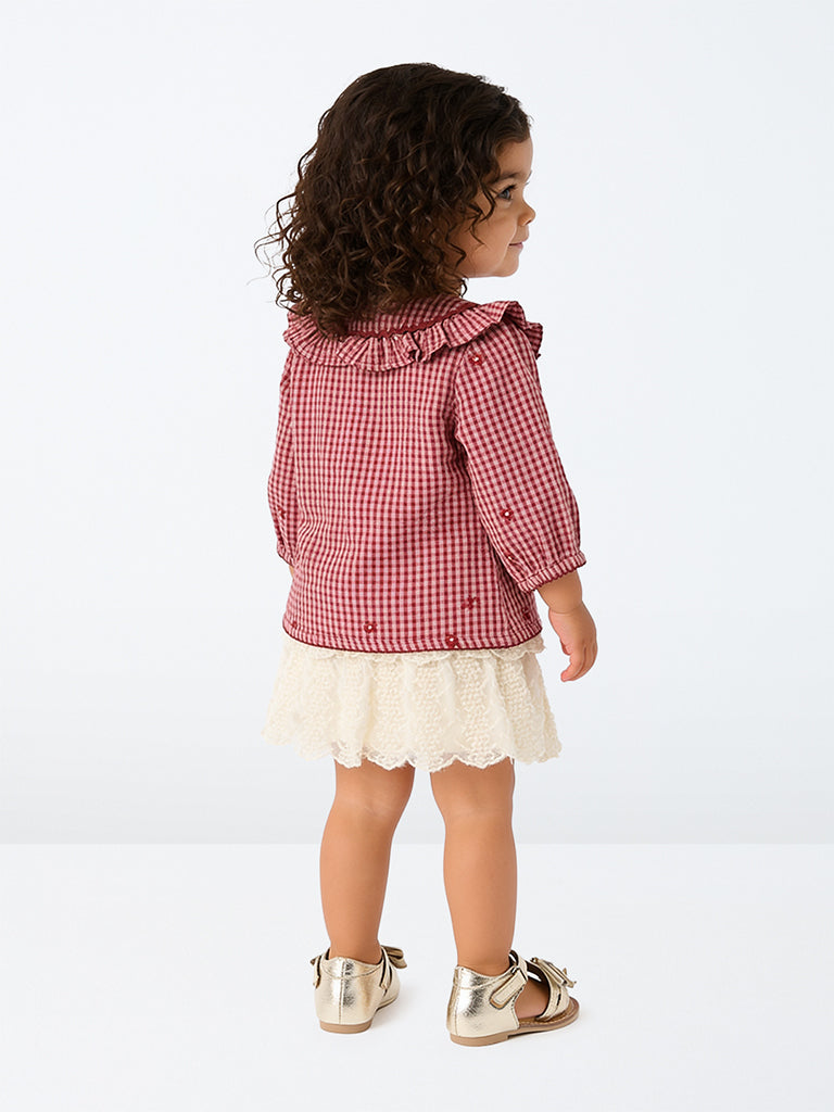 HOP Baby Girls Red Checks Pattern Cotton Top and Skirt Set