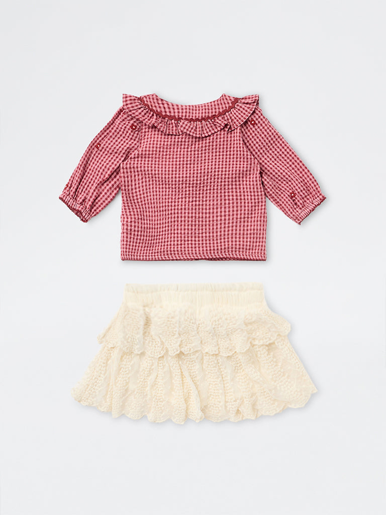 HOP Baby Girls Red Checks Pattern Cotton Top and Skirt Set