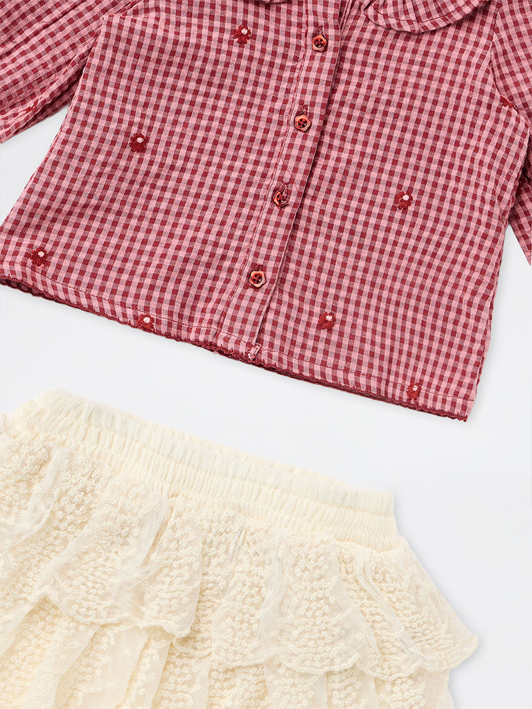 HOP Baby Girls Red Checks Pattern Cotton Top and Skirt Set