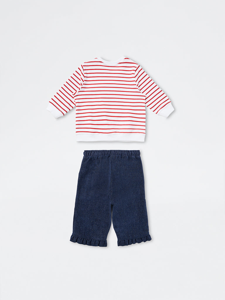 HOP Baby Girls White Stripe Printed Cotton Sweatshirt and Frill Pants Set