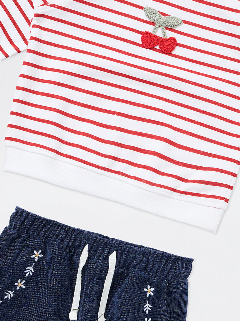 HOP Baby Girls White Stripe Printed Cotton Sweatshirt and Frill Pants Set