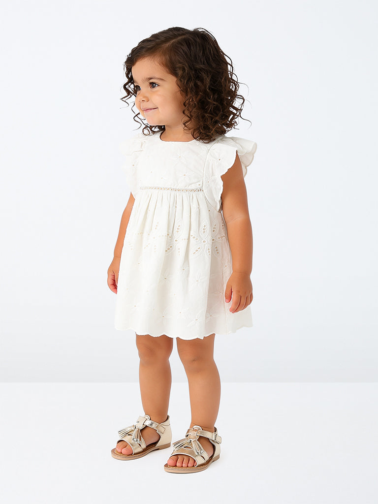 HOP Baby Girls White Floral Schiffli Detailed Cotton A-Line Dress