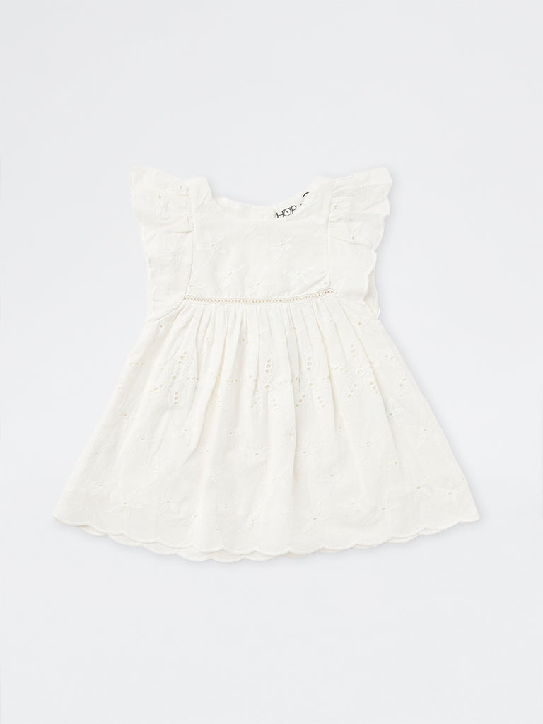 HOP Baby Girls White Floral Schiffli Detailed Cotton A-Line Dress