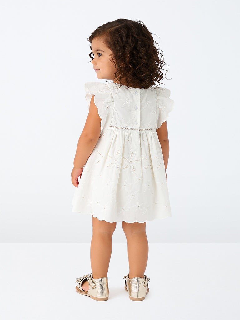 HOP Baby Girls White Floral Schiffli Detailed Cotton A-Line Dress