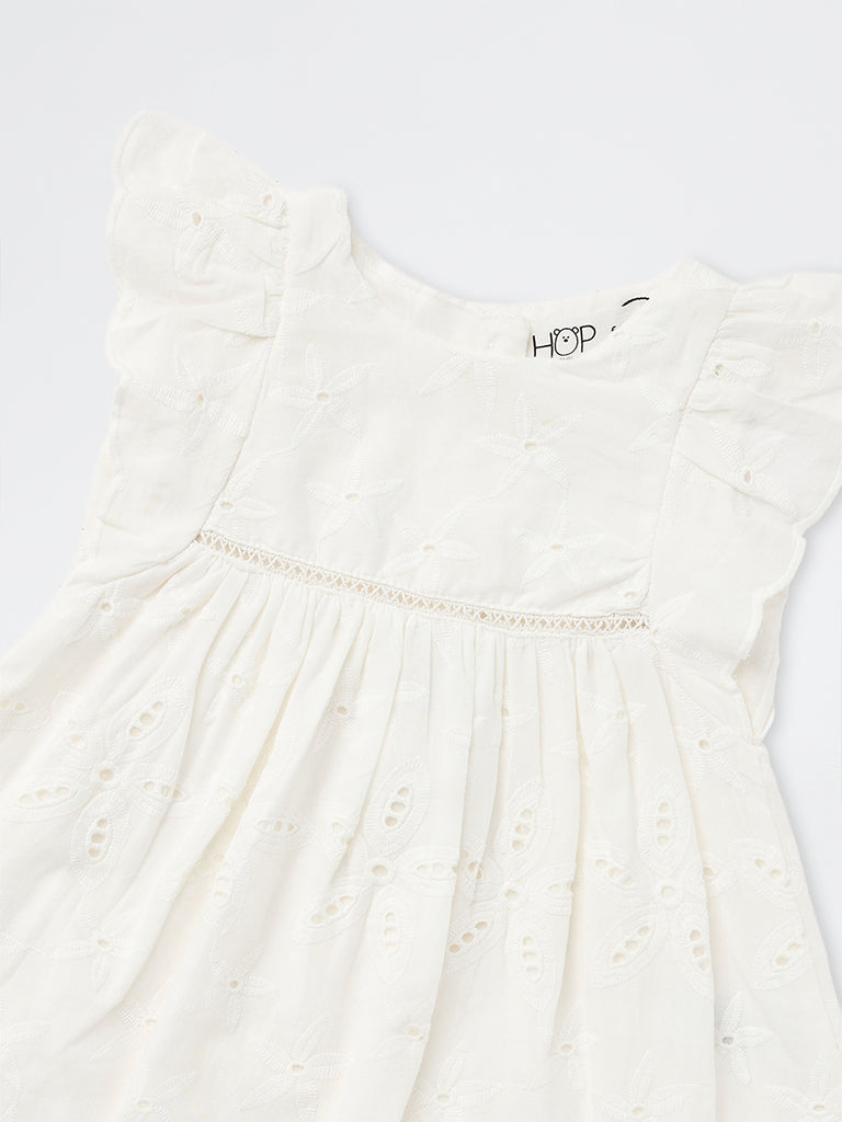 HOP Baby Girls White Floral Schiffli Detailed Cotton A-Line Dress