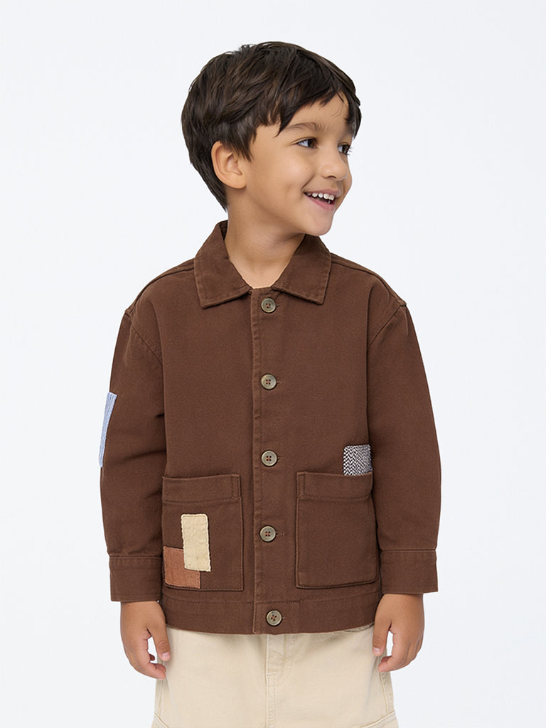 HOP Kids Boys Dark Brown Patchwork-Detail Denim Jacket