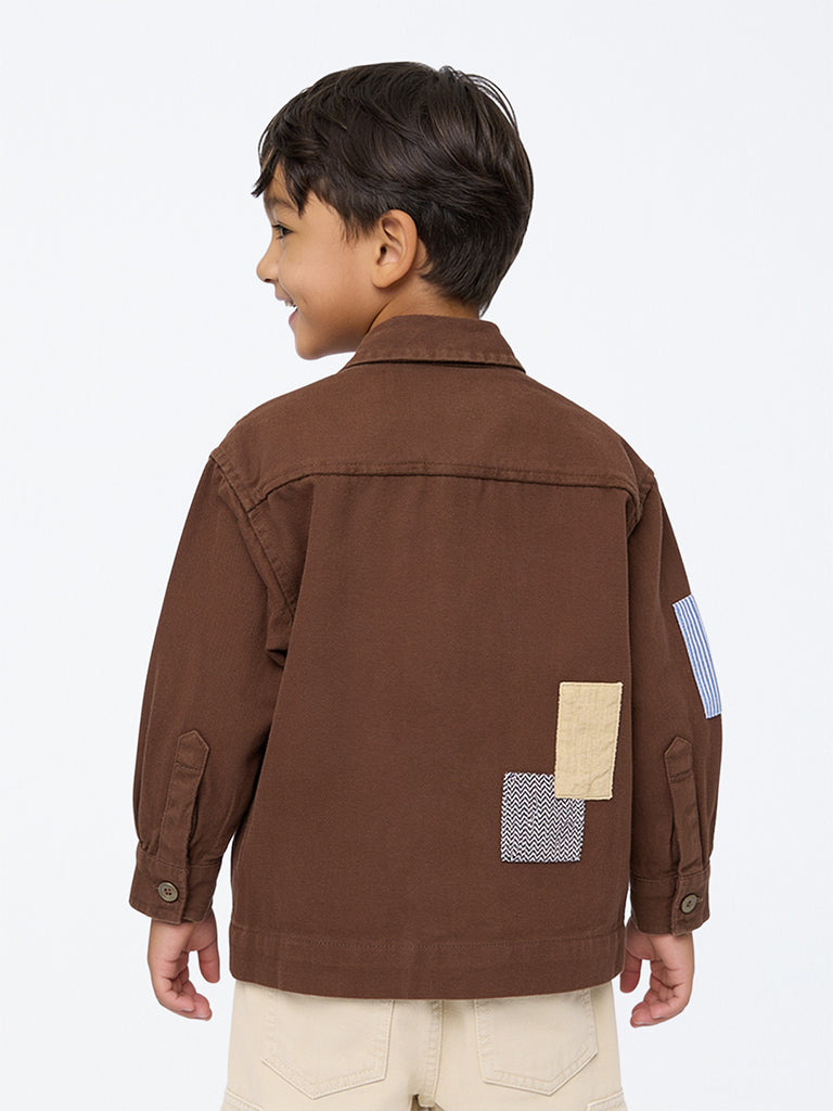 HOP Kids Boys Dark Brown Patchwork-Detail Denim Jacket